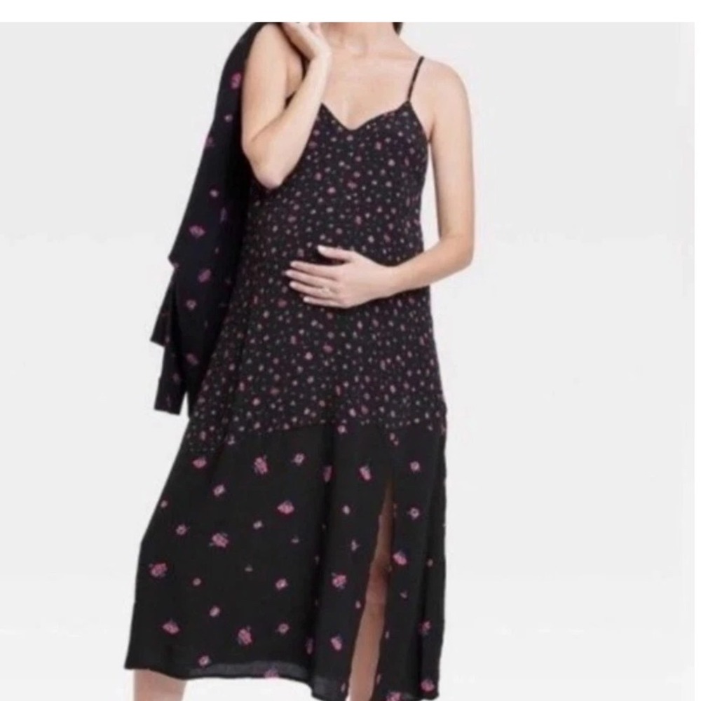 The Nines by Hatch Black Floral Maternity Maxi Dress V-Neck Slit Size L